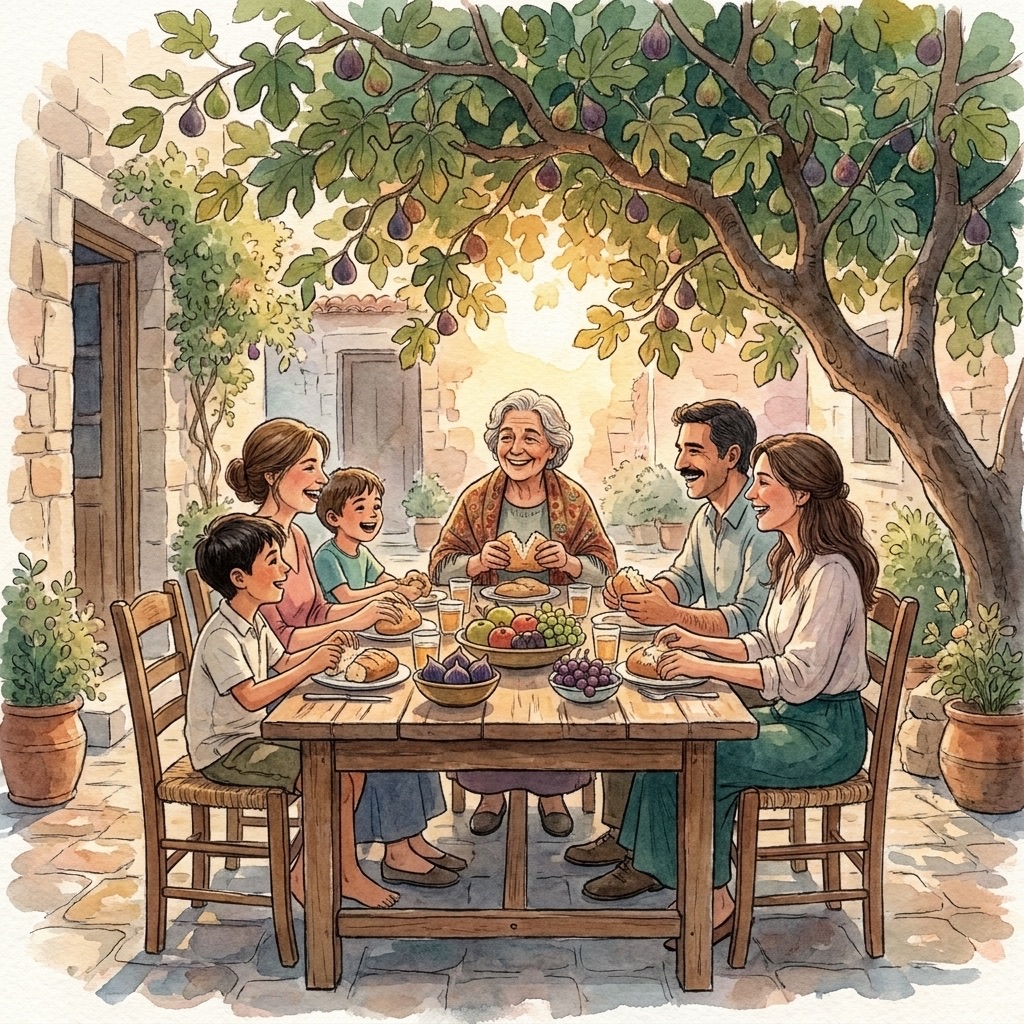 A watercolor of three generations of a family sharing a meal under a fig tree