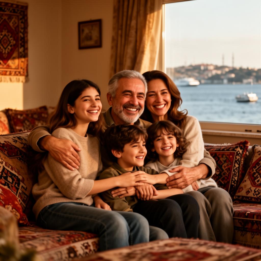 A happy Turkish family of five sharing a warm moment together at home