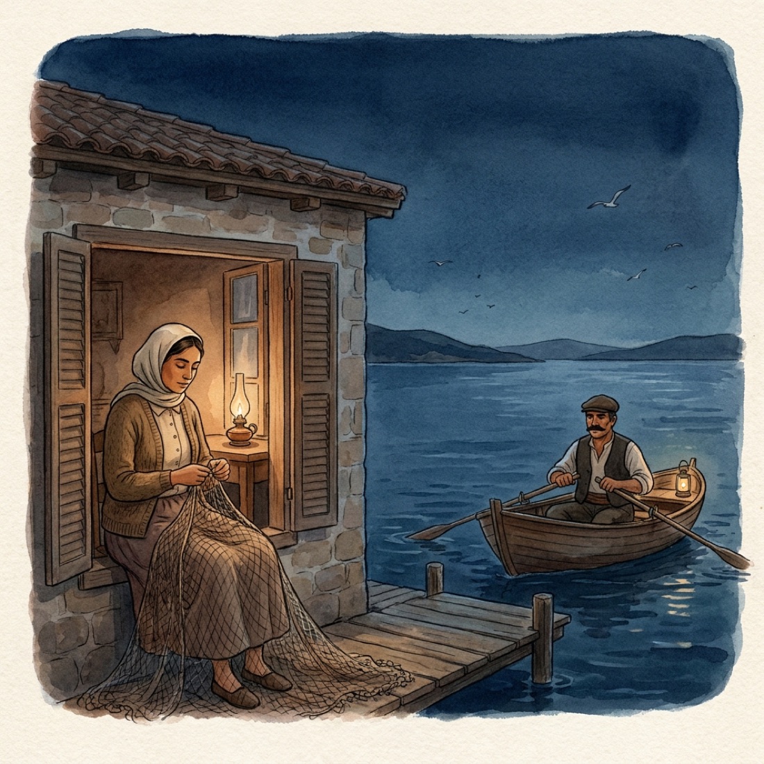 Hatice knots nets while Hasan rows out before dawn.